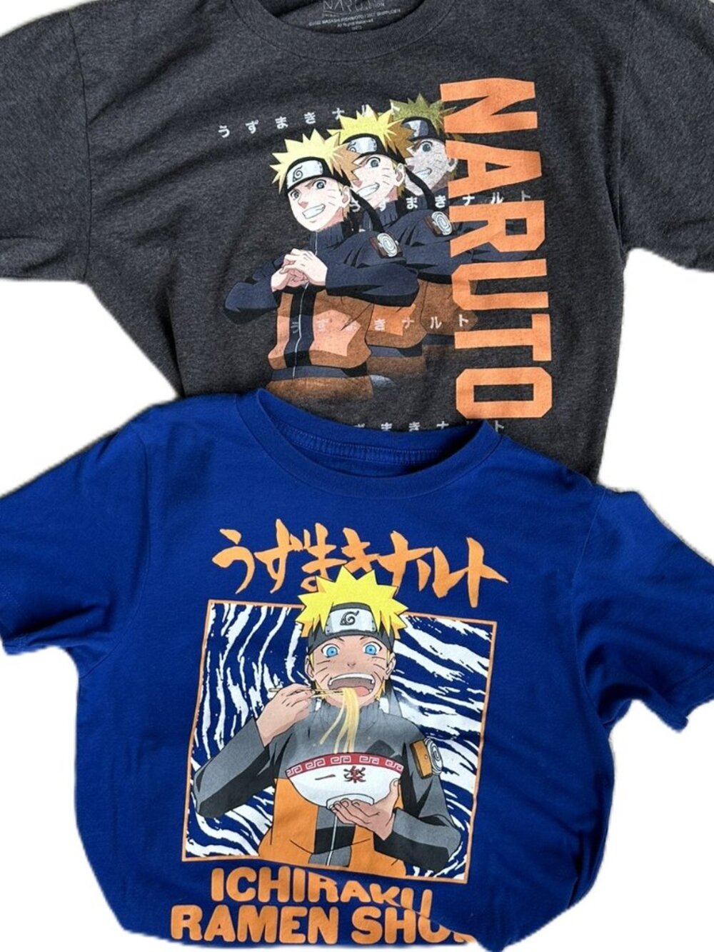 2 Youth Large Naruto T-shirts - Blue Ichiraku Ramen, Gray with Kanji Characters